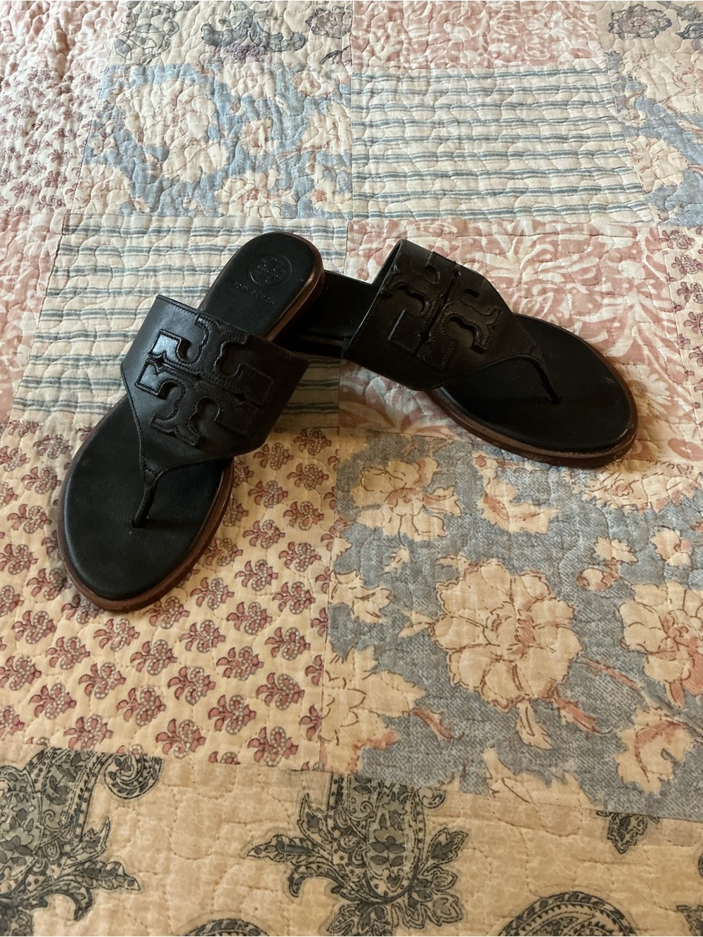 Tory Burch Black Leather Logo Thong Sandals